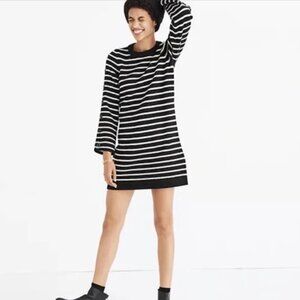 Madewell Sweater Dress Womens XS Black Striped Merino Wool Knit Crewneck Tunic